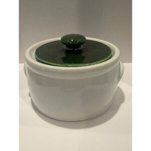 McCoy #1421 Bean Pot Casserole Crock Green Lid White With Blue Undertone Vintage